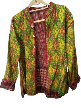 Indian Katha Vintage silk cotton bright Green Ikat red plaid quilted jacket XL